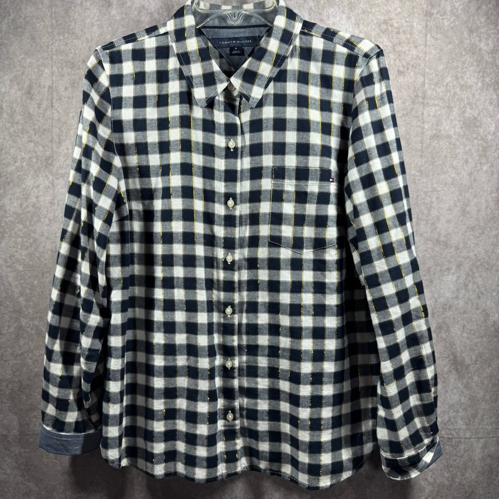 Tommy Hilfiger Women’s Medium‎ Plaid LS Button Down Shirt Navy White Gold